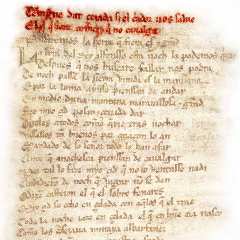 Tras la muerte del Cid comenzó a propagarse su leyenda de boca en boca gracias a juglares y poetas. La manifestación literaria más importante fue el Cantar de mío Cid, un poema de gesta anónimo escrito a finales del siglo XII o principios del XIII. Imagen: una de las hojas del manuscrito del Cantar, que hoy se conserva en la Biblioteca Nacional. Tras la muerte del Cid comenzó a propagarse su leyenda de boca en boca gracias a juglares y poetas. La manifestación literaria más importante fue el Cantar de mío Cid, un poema de gesta anónimo escrito a finales del siglo XII o principios del XIII. Imagen: una de las hojas del manuscrito del Cantar, que hoy se conserva en la Biblioteca Nacional.