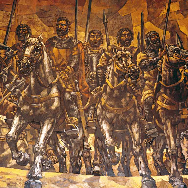La fuerza del Cantar de Mío Cid fue tan grande que muy pronto traspasó las fronteras y fue "adoptado" por los franceses, especialmente desde la publicación de la obra teatral del Cid, de Corneille, en el siglo XVII. Imagen: existen numerosas representaciones artísticas del mito del Cid. Una de las más interesantes se encuentra en las escaleras del Palacio Provincial de la Diputación Burgos, frescos obra del pintor burgalés Vela Zanetti / ALC. La fuerza del Cantar de Mío Cid fue tan grande que muy pronto traspasó las fronteras y fue "adoptado" por los franceses, especialmente desde la publicación de la obra teatral del Cid, de Corneille, en el siglo XVII. Imagen: existen numerosas representaciones artísticas del mito del Cid. Una de las más interesantes se encuentra en las escaleras del Palacio Provincial de la Diputación Burgos, frescos obra del pintor burgalés Vela Zanetti / ALC.