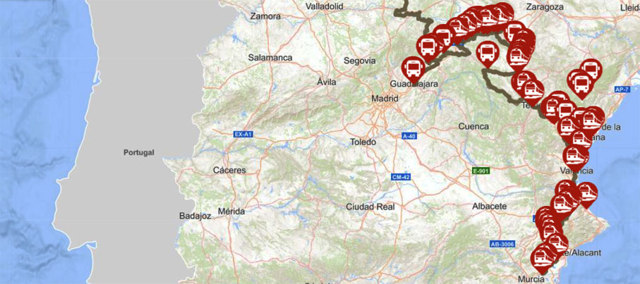 Paradas de autobús y estaciones de trenes georreferenciadas en la web del Camino del Cid Paradas de autobús y estaciones de trenes georreferenciadas en la web del Camino del Cid