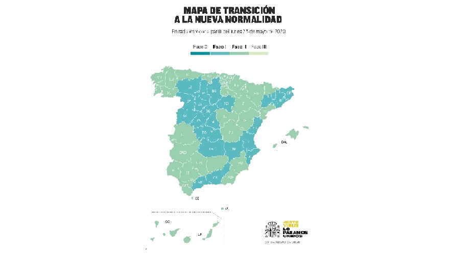 Mapa en el que aparecen reflejadas las fases de la desescalada. Fuente: Ministerio de Sanidad Mapa en el que aparecen reflejadas las fases de la desescalada. Fuente: Ministerio de Sanidad
