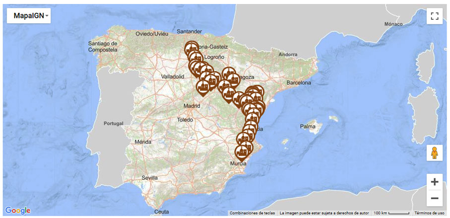 Mapa del Visor Cartográfico con los Conjuntos Históricos del Camino del Cid Mapa del Visor Cartográfico con los Conjuntos Históricos del Camino del Cid