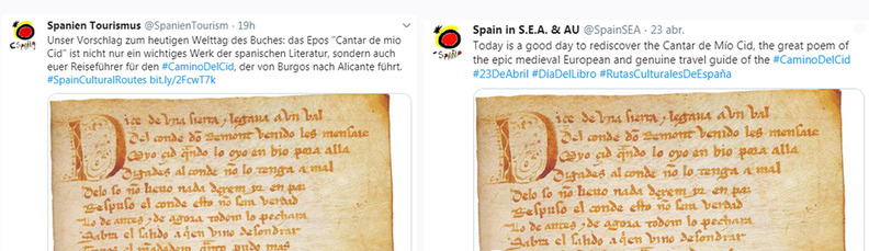 Imagen de los tuits publicados en los perfiles de las Oficinas de Turismo de Espaa en Alemania, Australia y suroeste asitico