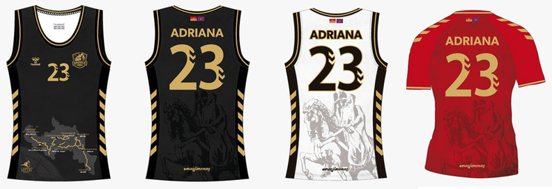 Las camisetas del CB Babieca. En la parte delantera con el trazado del Camino del Cid y en la trasera con la imagen de Jimena a lomos de Babieca