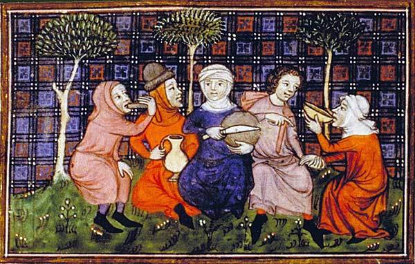 Grupo de campesinos compartiendo una comida sencilla de pan y bebida. Livre du roi Modus et de la reine Ratio. Biblioteca Nacional de Francia