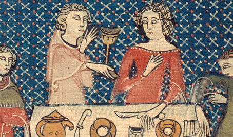 Miniatura de un banquete medieval (Livre d'heures de la reine Yolande, Bibliothque Mjannes)