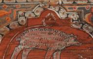 Un oso. Detalle de las pinturas del alfarje mudéjar del siglo XIV del claustro del monasterio románico de Santo Domingo de Silos, en la provincia de Burgos / ALC.